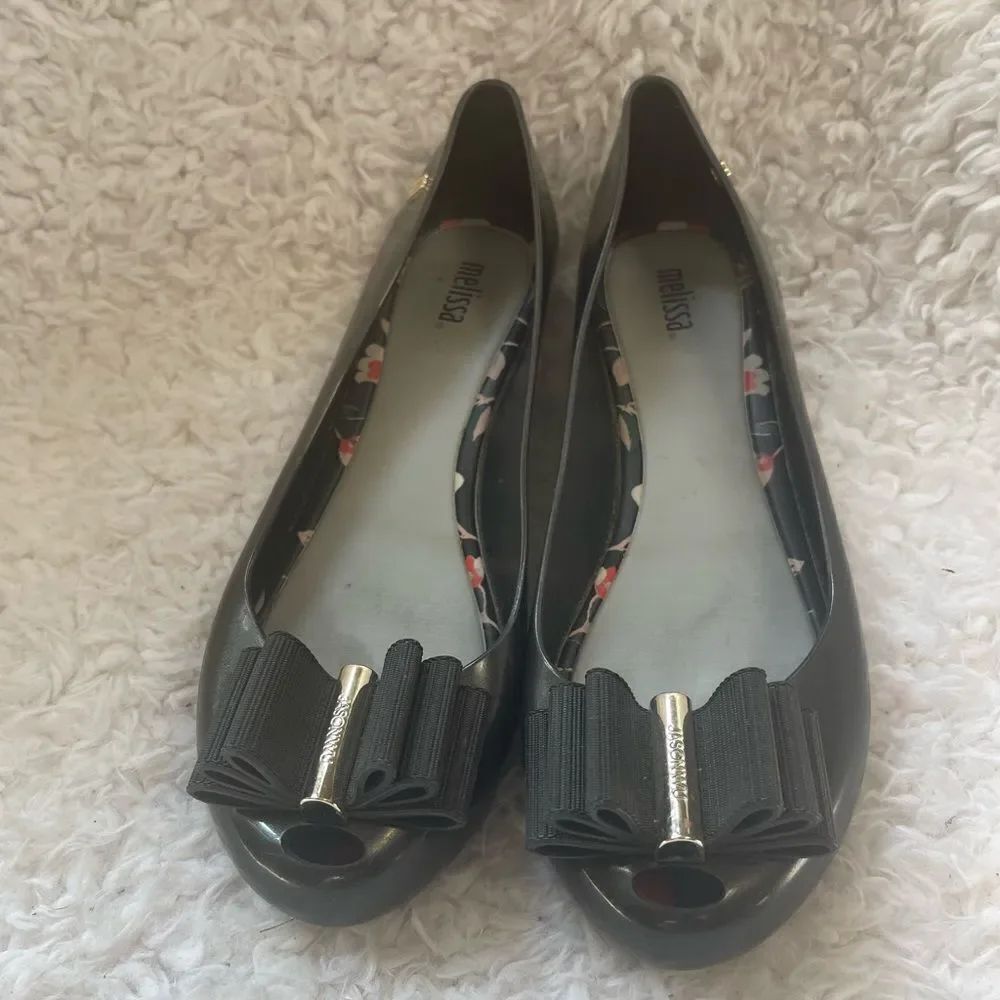 Jason Wu Melissa black ballerina slip on flats  rubber &gold tone accents SZ9.5